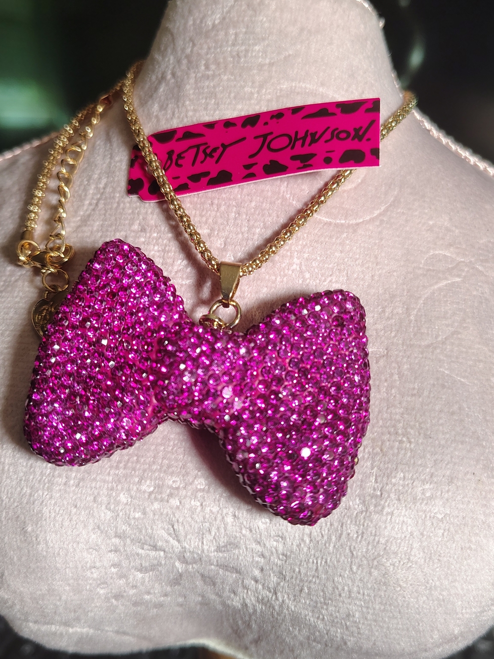 Betsey Johnson Pink Crystal Bow Pendant Necklace